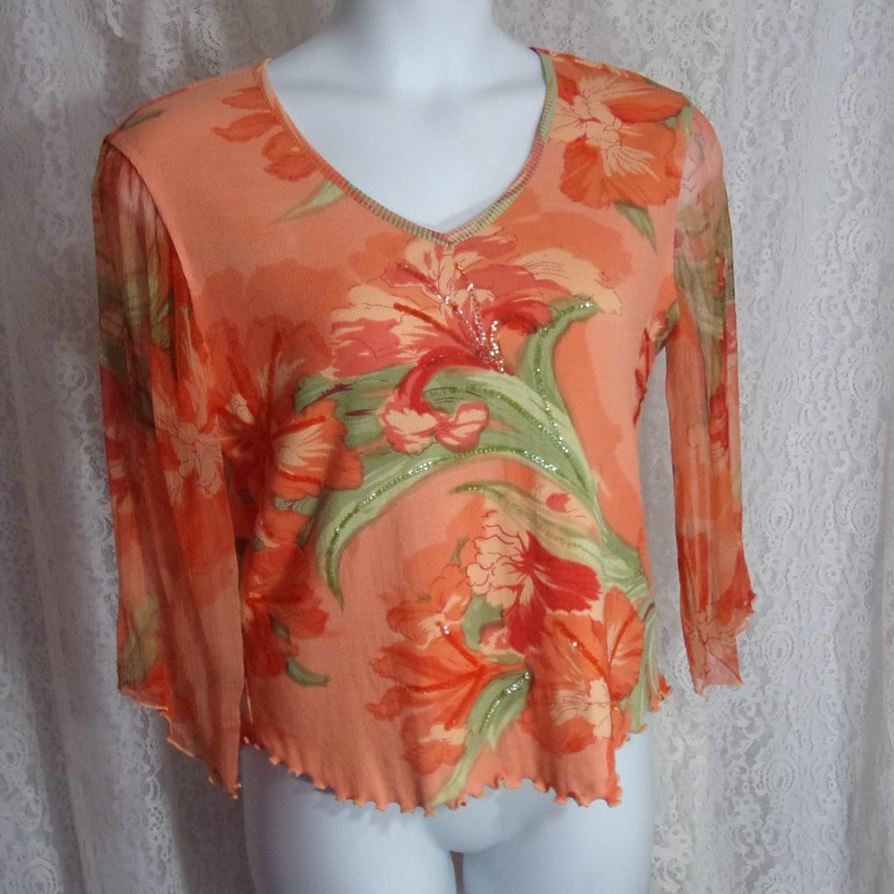 Caribbean Joe Orange Print Top Sheer Size L